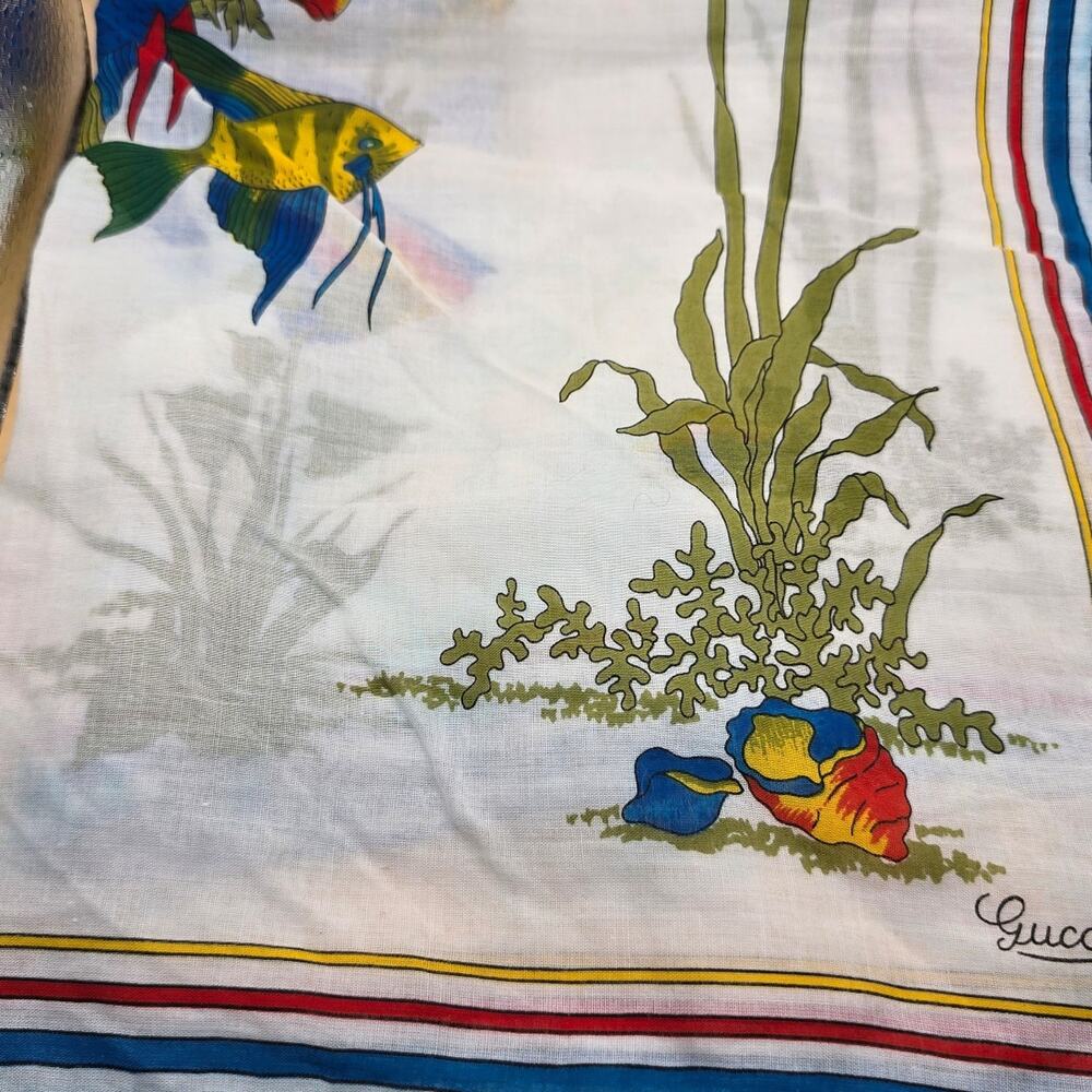 Gucci Scarf Fish Print Silk Square Bandana 18 x 18